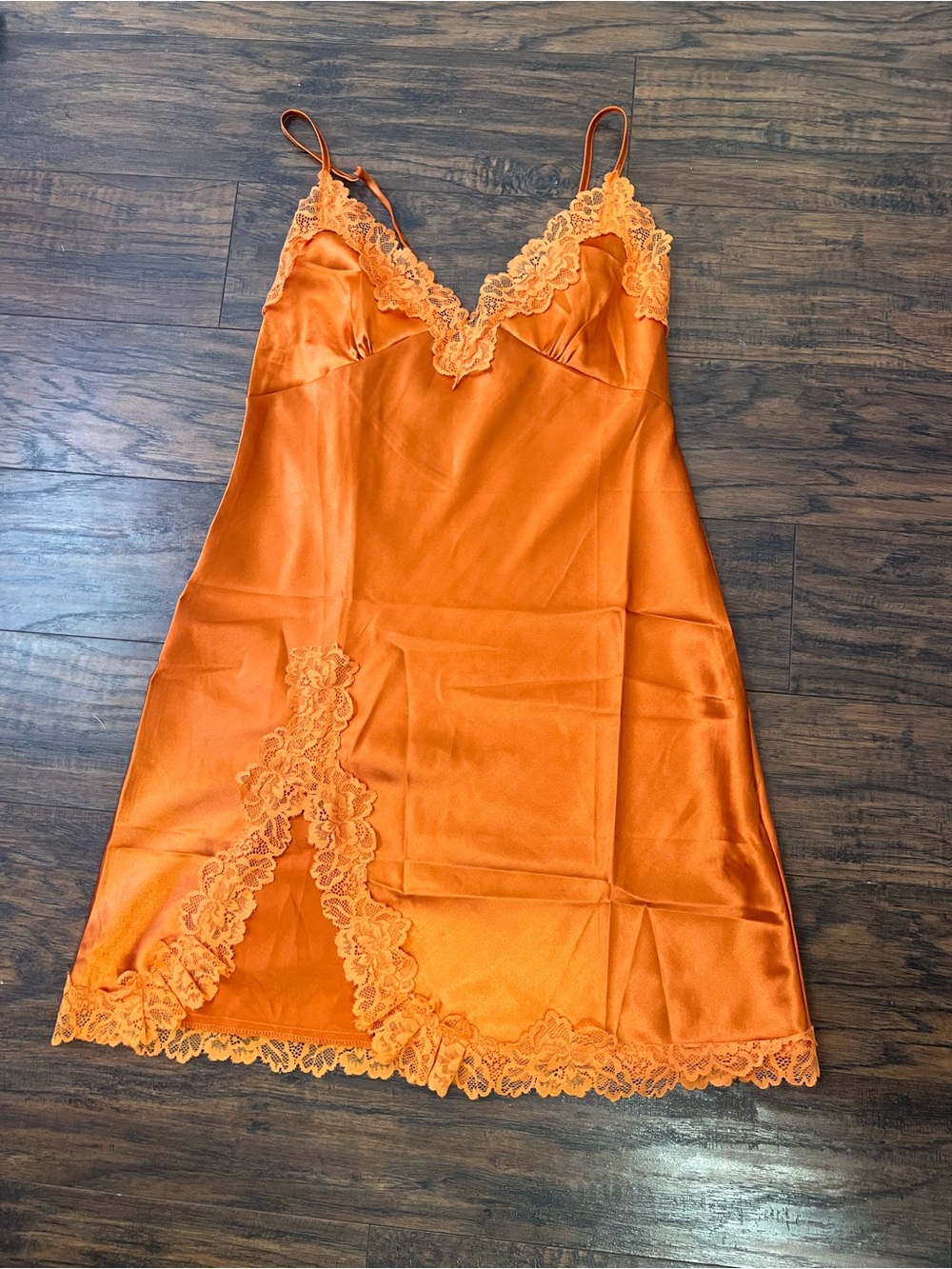 SHEIN Orange Satin Lace-Trim Slip Dress